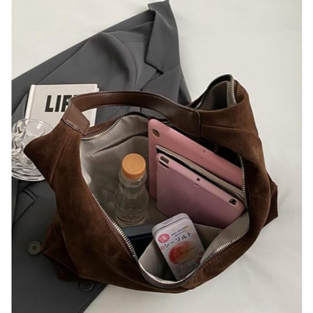 Women Coffee Faux Suede Winter Lightweight Hobo Work Shoulder Purses Bags - Picture 6 of 7